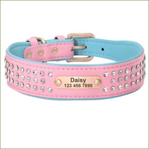 Collier avec nom gravé et verroterie en strass pour chien Rose / L/